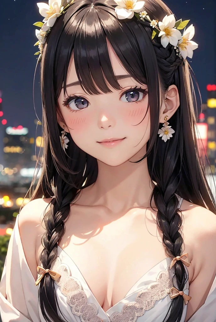 One person, High resolution, chest, Blushing, bangs, Simple Background, 目の間のbangs, Earrings, Barrette, Background blur, Anatomically correct, Gaze, smile, Black Hair, Open your mouth a little, Minimalist, Highest quality, Character portrait, Soft Light, Gentle colors, Illustration of movement, ハート型のEarrings, Bangs, Top-down composition,City night view,Long Hair, Vertical Roll, Side braids, Hair Flower, Wearing a flower crown, whole body,