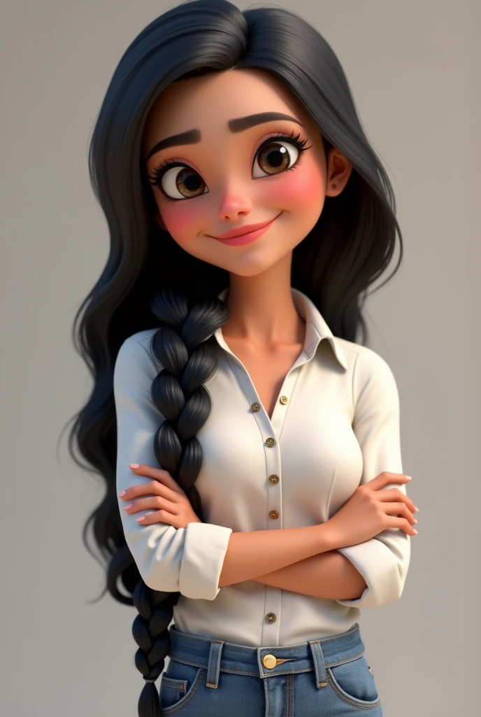 Pixar-style image featuring white-skinned 3D female character, long black braided hair ,Disney,close up, pixar, Disney, white blouse, jeans and with arms crossed and smiling