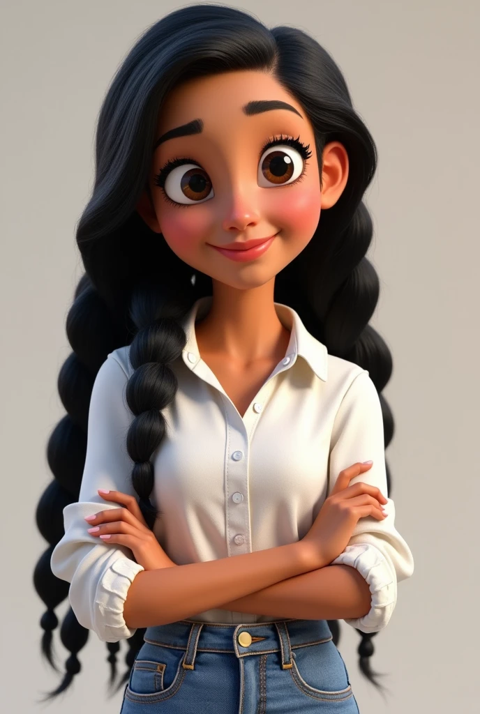Pixar-style image featuring white-skinned 3D female character, long black braided hair ,Disney,close up, pixar, Disney, white blouse, jeans and with arms crossed and smiling