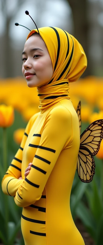 The beautiful Malaysian muslimah adult girl with beautiful cheeks wears light yellow Bee lycra turtleneck unitard catsuit covered with black stripes.She has a pair of insect wings.She always wear yellow bee lycra elastane stretchy dancewear square hijab covered with black stripes with antenna.She smells a tulip flowers
