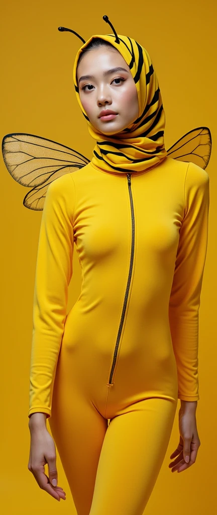 The beautiful Malaysian muslimah adult girl with beautiful cheeks wears light yellow Bee lycra turtleneck unitard catsuit covered with black stripes.She has a pair of insect wings.She always wear yellow bee lycra elastane stretchy dancewear square hijab covered with black stripes with antenna.She smells a tulip flowers