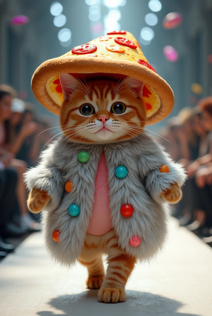 (photorealism:1.2), a cute ginger cat wearing fluffy silver dress with rainbow colors and gigantic pizza hat walking on the runway