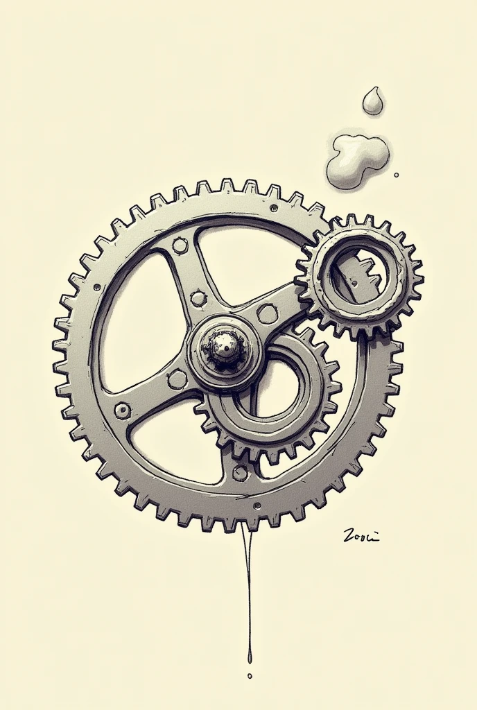 Make a picture of three gears, two big one small connected, steam punk style drawing, with drawing strokes, with thicker lines as if it were a drawing, digital drawing, animated cartoon, without drops