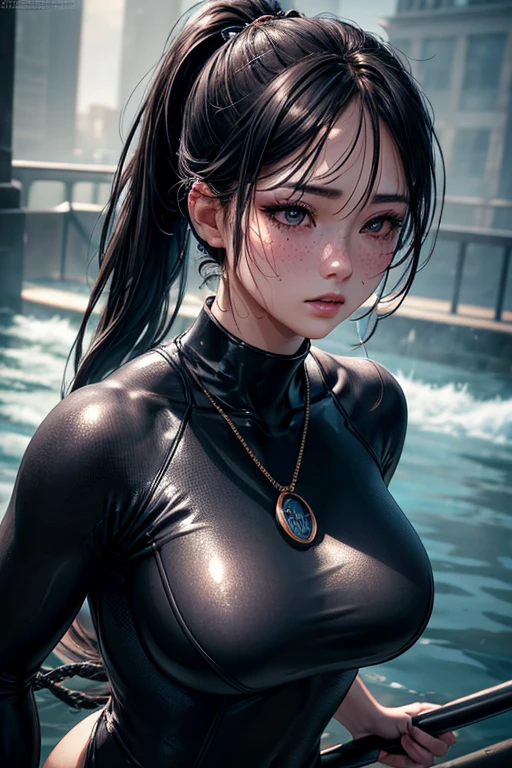 Kaori, Single model, solo, half Asian, half Latino, very long straight black hair, high ponytail, freckles, blushing, wet eyes, long chain pendant, very large heavy breasts, chubby, belly, stretchmarks, (best quality,4k,8k,highres,masterpiece:1.2),ultra-detailed,(realistic,photorealistic,photo-realistic:1.37),detailed portrait, cinematic lighting, natural skin texture, intricate details, dramatic colors, moody atmosphere, heavy eye shadow, mascara, wetsuit, fetishwear