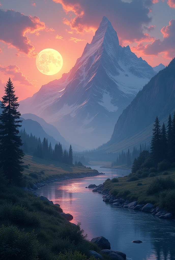 A mountain from between a river is passing time is evening and sunset is visible and on the other side moon is visible too