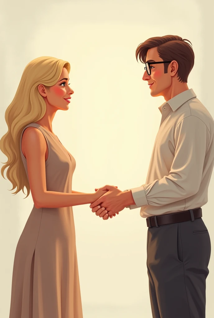 blonde woman making peace shaking hands with white man with brown hair and glasses