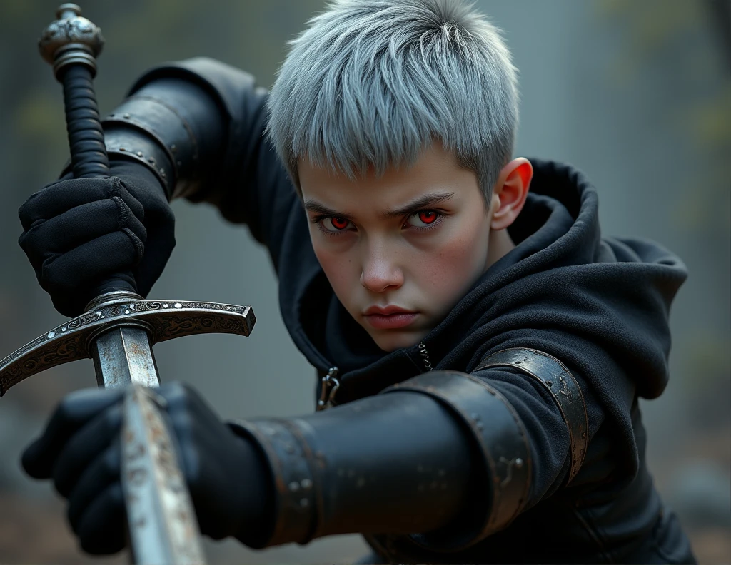 Short grey hair、Red Eyes、A fearless face、Black clothing with leather hood、Wearing gloves、Holding a medieval sword、One caucasican boy Swordsman、12 year、combat style