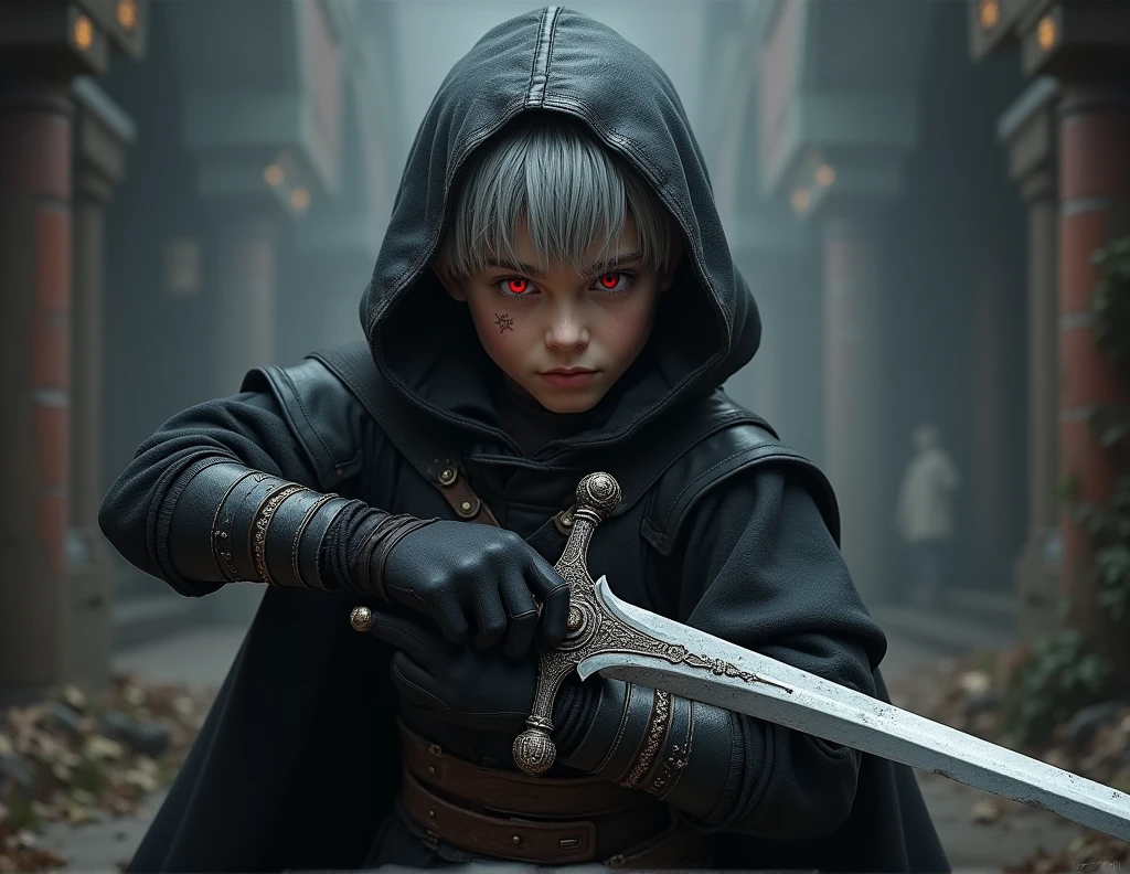 Short grey hair、Red Eyes、A fearless face、Black clothing with leather hood、Wearing gloves、Holding a medieval sword、One caucasican boy Swordsman、、combat style
