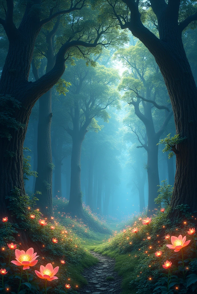  "Create an enchanted forest landscape, full of tall trees, bright lights floating between the branches and colorful flowers that seem to glow."