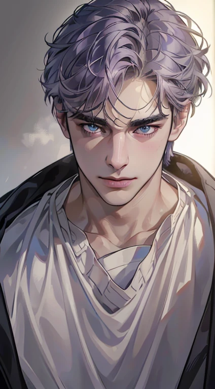 (best quality,4k,8k,highres,masterpiece:1.2),ultra-detailed,(realistic,photorealistic,photo-realistic:1.37),1 man,3,mature man,very handsome,without expression,smile,short grey purple hair,blue eyes,penetrating gaze,perfect face without errors,imposing posture,businessman,office background,cinematic lighting,hdr image