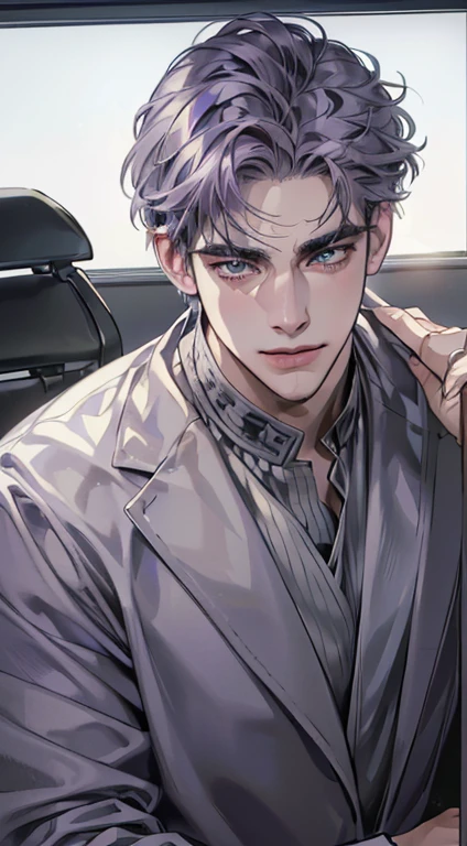 (best quality,4k,8k,highres,masterpiece:1.2),ultra-detailed,(realistic,photorealistic,photo-realistic:1.37),1 man,3,mature man,very handsome,without expression,smile,short grey purple hair,blue eyes,penetrating gaze,perfect face without errors,imposing posture,businessman,office background,cinematic lighting,hdr image