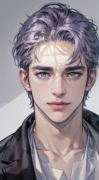 (best quality,4k,8k,highres,masterpiece:1.2),ultra-detailed,(realistic,photorealistic,photo-realistic:1.37),1 man,3,mature man,very handsome,without expression,smile,short grey purple hair,blue eyes,penetrating gaze,perfect face without errors,imposing posture,businessman,office background,cinematic lighting,hdr image