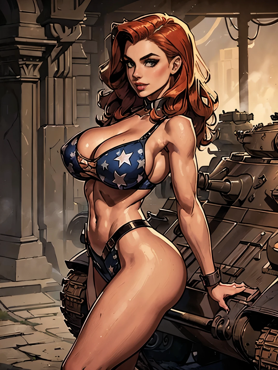 (masterpiece, top quality, best quality, official art, beautiful and aesthetic:1.2), (1girl:1.3), redhead, long hair victory curls, vintage 1940's American hairstyle, extremely detailed, portrait, looking at viewer, solo, (full body:0.6), detailed background, close up, vintage makeup, retro style, (warm summer military base theme:1.1), pinup girl, elegant face, long face, charlatan, smirk, mysterious, pretty face, detailed sharp eyes, full lips, posing on top of a tank, patriotic costume, star spangled costume, sexy costume, deep cleavage, cheeky shorts, high heels, legs, M4 Sherman tank, WWII tank, armored vehicle, (((( medium, breast )))), busty, big breasts, perky tits, turgid boobs, toned, slim waist, thin waist, booty, bubble butt, perfect hips, long legs, muscular legs, historical (WW2 army base exterior:1.1) background, dark mysterious lighting, shadows, magical atmosphere, dutch angle