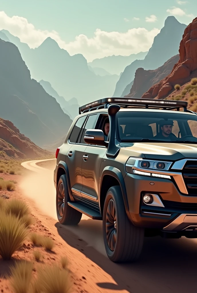 A man driving a land cruiser v8 2022 And side window is also opened And also view from exterior