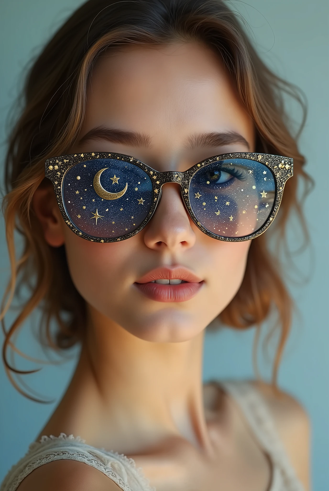 The model is wearing glass sunglasses with stars and the moon on the glass