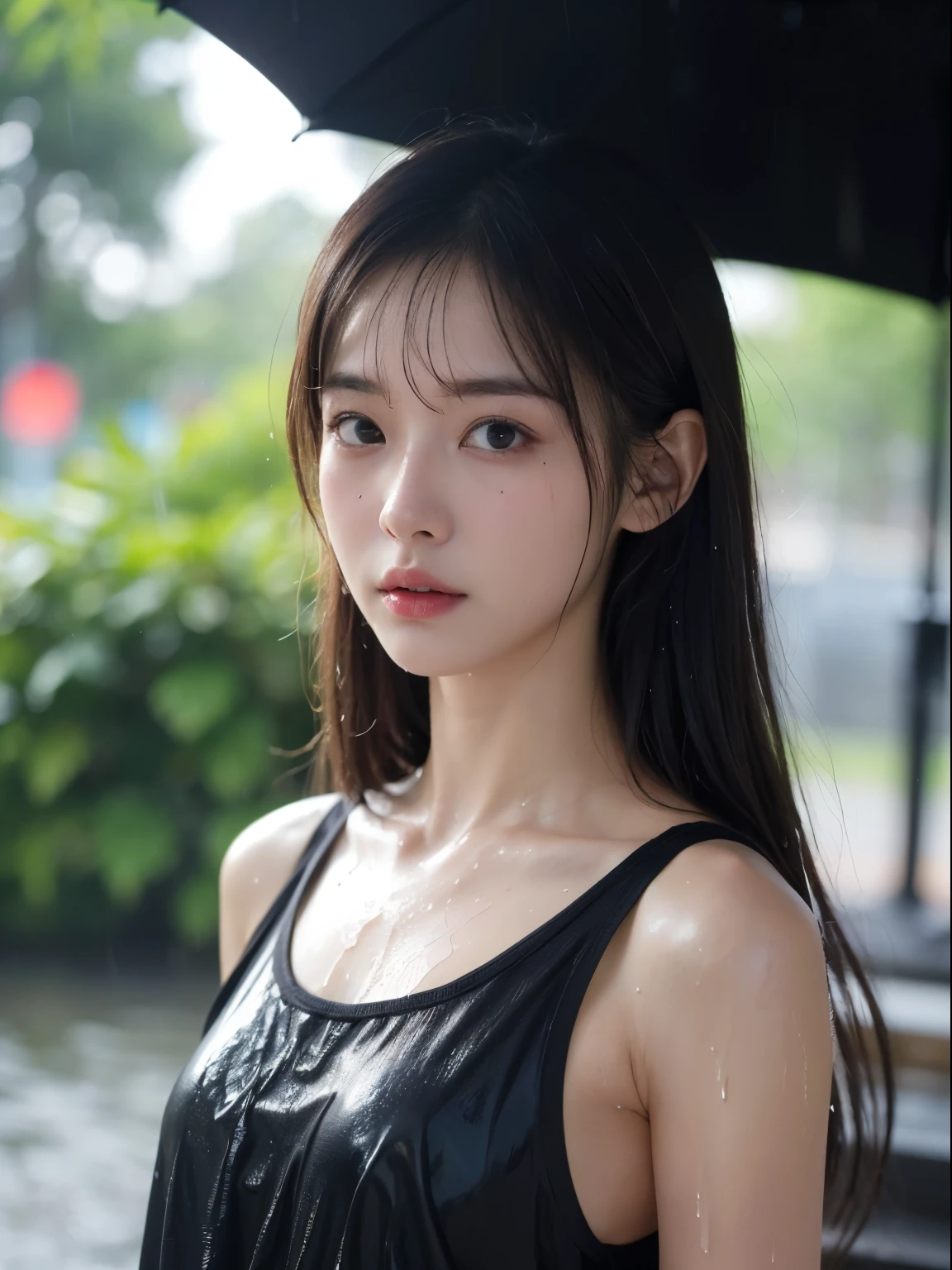 (Highest quality, 4K, masterpiece :1.3), Beautiful woman, One girl, (Round Breasts, Attractive body :1.2), coboy shot :1.1, Dark brown hair: 1.1, (It rained and I got wet, Raindrops, Wet body :1.2), Highly detailed face, Part Lip, Detailed eyes, double eyelid, White tank top