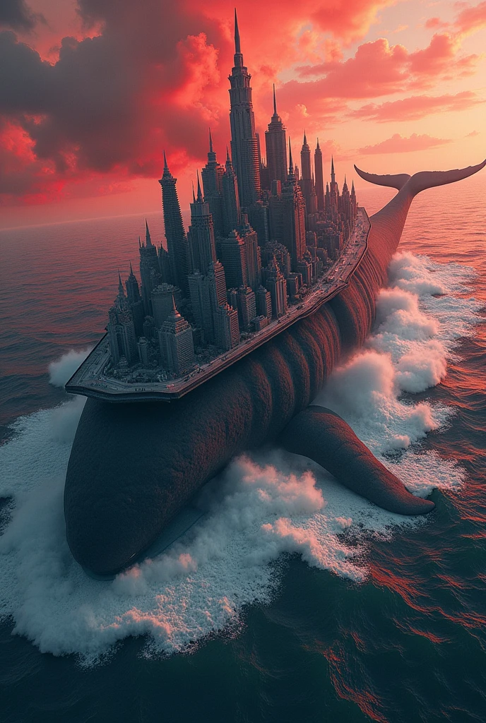 A big whale, A city on top of a whale, a red ocean with waves.
