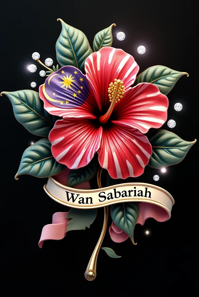 Brooch hibiscus with malaysia flag as the pattern and WAN SABARIAH inside ribbon under it with glowing white diamonds scattered around