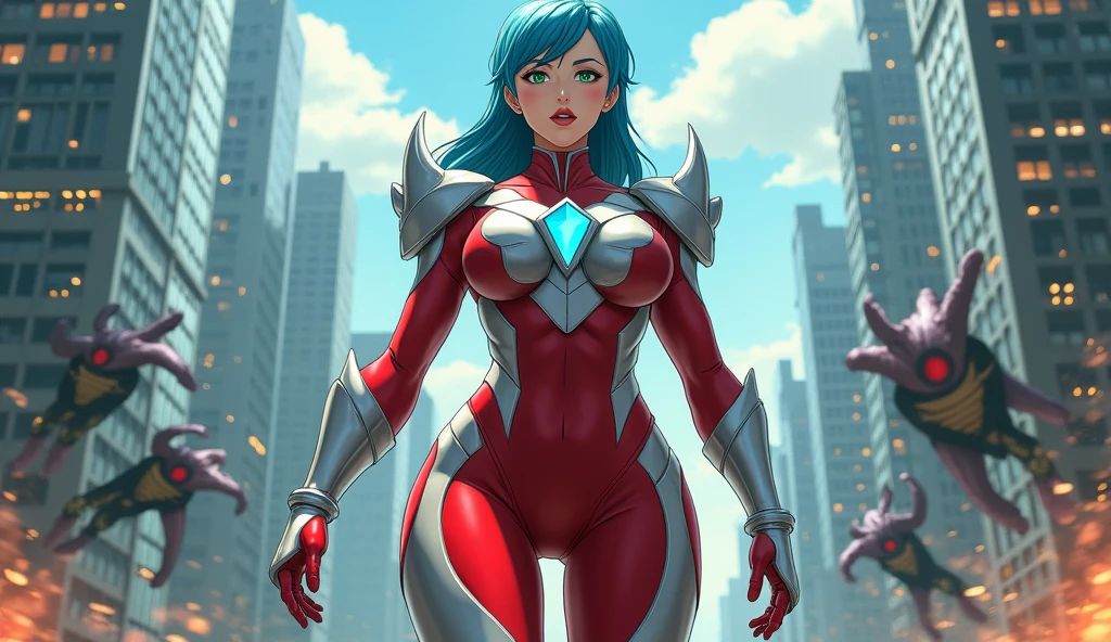Full body image, standing, Princess Zelda the Giant, (Red with silver suit:1.5), as Ultraman, incredibly big boobs1, very tight suit, heavy makeup on her face, Blue gem on breastplate, hat trick, Red lipstick on lips, (she has green eyes:1.5, blue hair:1.5), Looking at the viewer from the front, She is located in a futuristic city, where several monsters attack buildings, Tokusatsu, Ultraman, anime style, cinematic lighting, 16 thousand., uhd, masterpiece, Best quality, high detail