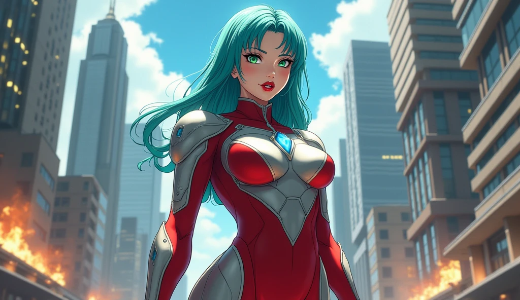 Full body image, standing, Princess Zelda the Giant, (Red with silver suit:1.5), as Ultraman, incredibly big boobs1, very tight suit, heavy makeup on her face, Blue gem on breastplate, hat trick, Red lipstick on lips, (she has green eyes:1.5, blue hair:1.5), Looking at the viewer from the front, She is located in a futuristic city, where several monsters attack buildings, Tokusatsu, Ultraman, anime style, cinematic lighting, 16 thousand., uhd, masterpiece, Best quality, high detail
