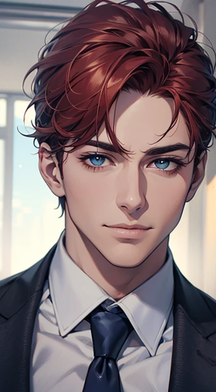 (Highest quality,4K,8K,High resolution,masterpiece:1.2),Super detailed,(Realistic,photoRealistic,photo-Realistic:1.37),1 personld,Mature Men,Beautiful skin、very handsome,Expressionless,smile,Short gray red hair,blue eyes,Sharp Eyes,A perfect face without a doubt,Businessman,Office Background,Cinema Lighting,HDR image,tie、