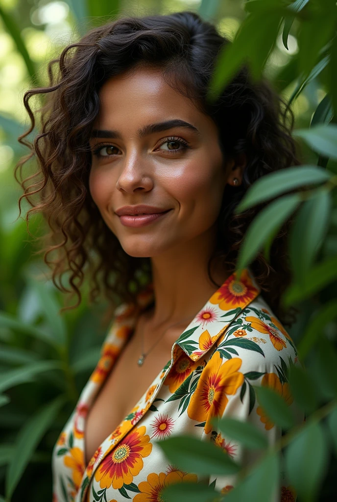 A Brazilian woman in a lush tropical garden, wearing an open shirt with a floral print, with a close-up capturing the harmonious beauty between her breasts and the natural flowers, showing off your natural charm and outgoing personality.