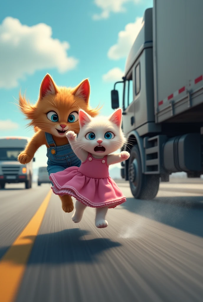 A little white cat in a pink frock reaches on highway in front of cars while running and gets scared and suddenly a brown cat in blue geans comes to protect. Big truck starts coming towards them and tries to hit them and that brown cat in blue jeans pushes white cat in pink from away and got hit by truck himself