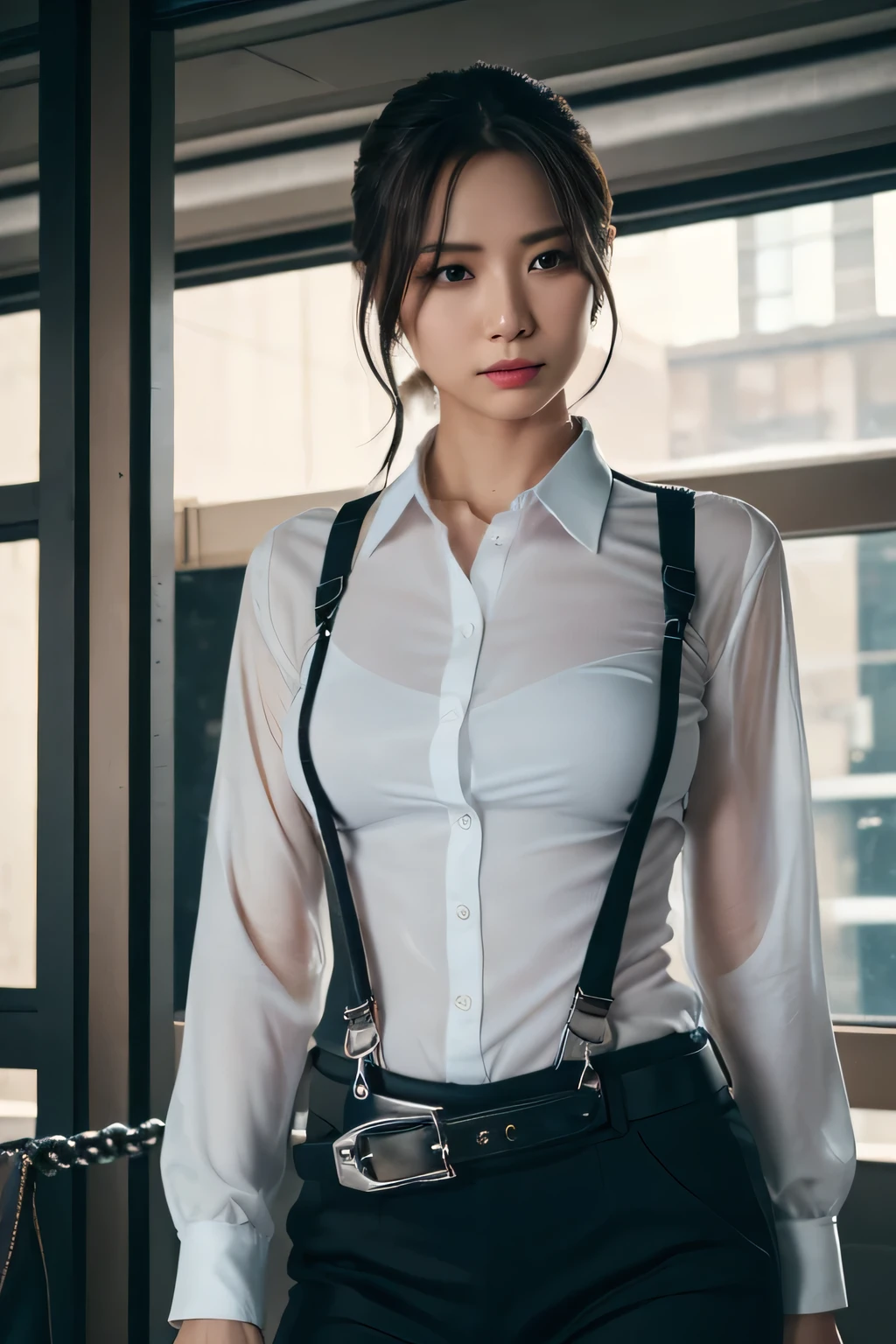 a woman in a suit, belt, hands behind back, sweating, suspenders, black pants, sexly, large breasts, see-through clothing, rain, detective, office worker, white button-up shirt, (best quality,4K,8k,highres,masterpiece:1.2),ultra-detailed,(realistic,photorealistic,photo-realistic:1.37),hyper-detailed,highly detailed face and body, Slender　thin　suspenders　Moderate breasts　See-through shirt　Nipples　holster　chain　Pistol　Armament　criminal　Female criminal　knife