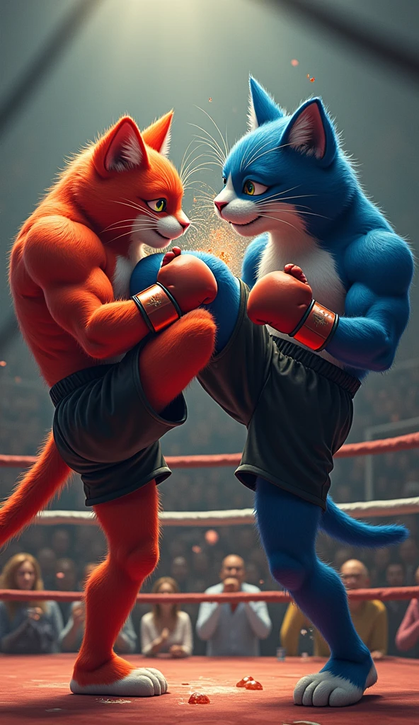 Create realistic images A dramatic scene features two anthropomorphic cats in a boxing ring. The muscular red cat, wearing black shorts and boxing gloves, is receiving a powerful kick to the stomach from a larger blue-furred cat, who is also wearing black shorts. Bright bursts of energy and blood explode from the point of impact, highlighting the intensity of the moment. In the background, a captivated audience watches with various expressions of shock and excitement.