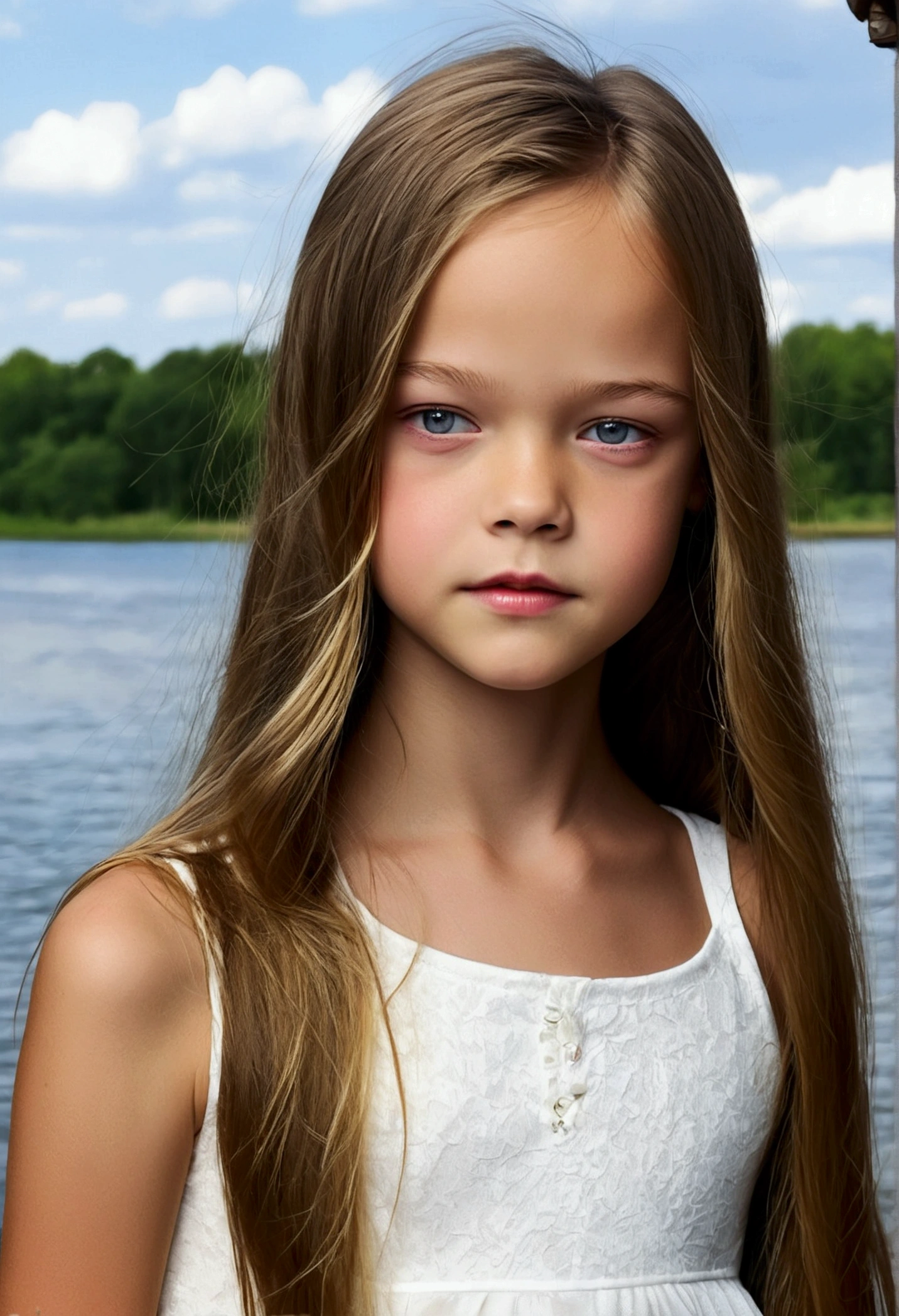imagine a beautiful young Russian girl naked with long wavy dark blonde hair, a white summer tank crop top, a white summer dress, standing near a russian lake, navel, (Kristina Pimenova:1.5), flat hair, thin face, body, flat breasts, flat chest, gorgeous young 12 yel, long wavy dark blonde hair, beautiful girl model, beautiful 12 yo modrl, cute young girl, prettiest teen model in the world, pretty face, thin face, very beautiful young girl, thin face, ultra realistic skin, perfect face, young and cute girl, gorgeous full body shot, by irakli nadar, mackenzie foy, 8K, ultra high res.photorealistic, UHD, Masterpiece, RAW, shy, innocent , pure