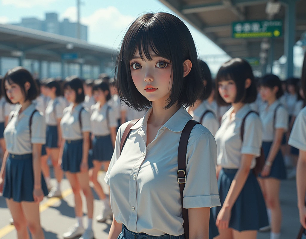 (((((Japanese Clone-girls=Myself))))), (((Super Best masterpiece Clone-girls Raw Photography Art))), (((16K, Highest quality, Ultra-high resolution, RAW Photos))), (((It&#39;s so unrealistic., With unparalleled depiction, With an unfathomable sight, An unprecedented and shocking worldview, Clone-girls: In a world of mass reproduction, Ultra-realistic))), (((Japanese Girls, Umezawa-Minami, 24yo, Small face, Thick black hair, long hair, Dark Eyes, Mature face, Cute Smile, Smiling face, A gentle gaze, (((Very pleasant look)))))), (((Very beautiful detailed girls, Accurate body structure, Accurate body movements, Very detailed body, (((Super big breasts, Large bulge of ample breasts)))))), (((Summer clothes, Short sleeve, mini skirt, hour々I can see your pants, Cleavage Emphasis, Emphasise the fullness of your breasts))), ((((((((Very detailed, Myself cloning, Depiction of splitting oneself, 1Myself girl→1,000,000,000,000,000,000,000,000,000,000Myself cloning girls)))))))), (((((((Myself clone-girlsから, Myself keeps multiplying, (Very detailed and intricate, To the exact, Perfect and consistent, (((In the same female body,With the same face, With the same hairstyle, In the same clothes, At the same height, 同じSuper big breastsである))), In a detailed depiction), 1,000,000,000,000,000,000,000,000,000,000 people))))))), (((((Myself girls only))))), (((((1,000,000,000,000,000,000,000,000,000,000Myself girls))))), (Very detailed, On the platform of a certain station in Japan, A crowd of Myselfs waiting for a train, Depicting yourself moving and standing, View from the train side), Where the wind blows, A super crowded scene, (Very detailed depiction, Clear and accurate perspective depiction, Ultra-wide field of view, wide view, Focus on the average value of the image), The shooting angle and composition are free and do not follow any set rules.!!!, Give priority to the spectacle of mass-produced Myselves!!!