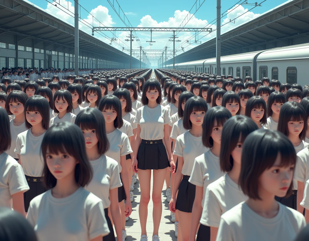 (((((Japanese Clone-girls=Myself))))), (((Super Best masterpiece Clone-girls Raw Photography Art))), (((16K, Highest quality, Ultra-high resolution, RAW Photos))), (((It&#39;s so unrealistic., With unparalleled depiction, With an unfathomable sight, An unprecedented and shocking worldview, Clone-girls: In a world of mass reproduction, Ultra-realistic))), (((Japanese Girls, Umezawa-Minami, 24yo, Small face, Thick black hair, long hair, Dark Eyes, Mature face, Cute Smile, Smiling face, A gentle gaze, (((Very pleasant look)))))), (((Very beautiful detailed girls, Accurate body structure, Accurate body movements, Very detailed body, (((Super big breasts, Large bulge of ample breasts)))))), (((Summer clothes, Short sleeve, mini skirt, hour々I can see your pants, Cleavage Emphasis, Emphasise the fullness of your breasts))), ((((((((Very detailed, Myself cloning, Depiction of splitting oneself, 1Myself girl→1,000,000,000,000,000,000,000,000,000,000Myself cloning girls)))))))), (((((((Myself clone-girlsから, Myself keeps multiplying, (Very detailed and intricate, To the exact, Perfect and consistent, (((In the same female body,With the same face, With the same hairstyle, In the same clothes, At the same height, 同じSuper big breastsである))), In a detailed depiction), 1,000,000,000,000,000,000,000,000,000,000 people))))))), (((((Myself girls only))))), (((((1,000,000,000,000,000,000,000,000,000,000Myself girls))))), (Very detailed, On the platform of a certain station in Japan, A crowd of Myselfs waiting for a train, Depicting yourself moving and standing, View from the train side), Where the wind blows, A super crowded scene, (Very detailed depiction, Clear and accurate perspective depiction, Ultra-wide field of view, wide view, Focus on the average value of the image), The shooting angle and composition are free and do not follow any set rules.!!!, Give priority to the spectacle of mass-produced Myselves!!!