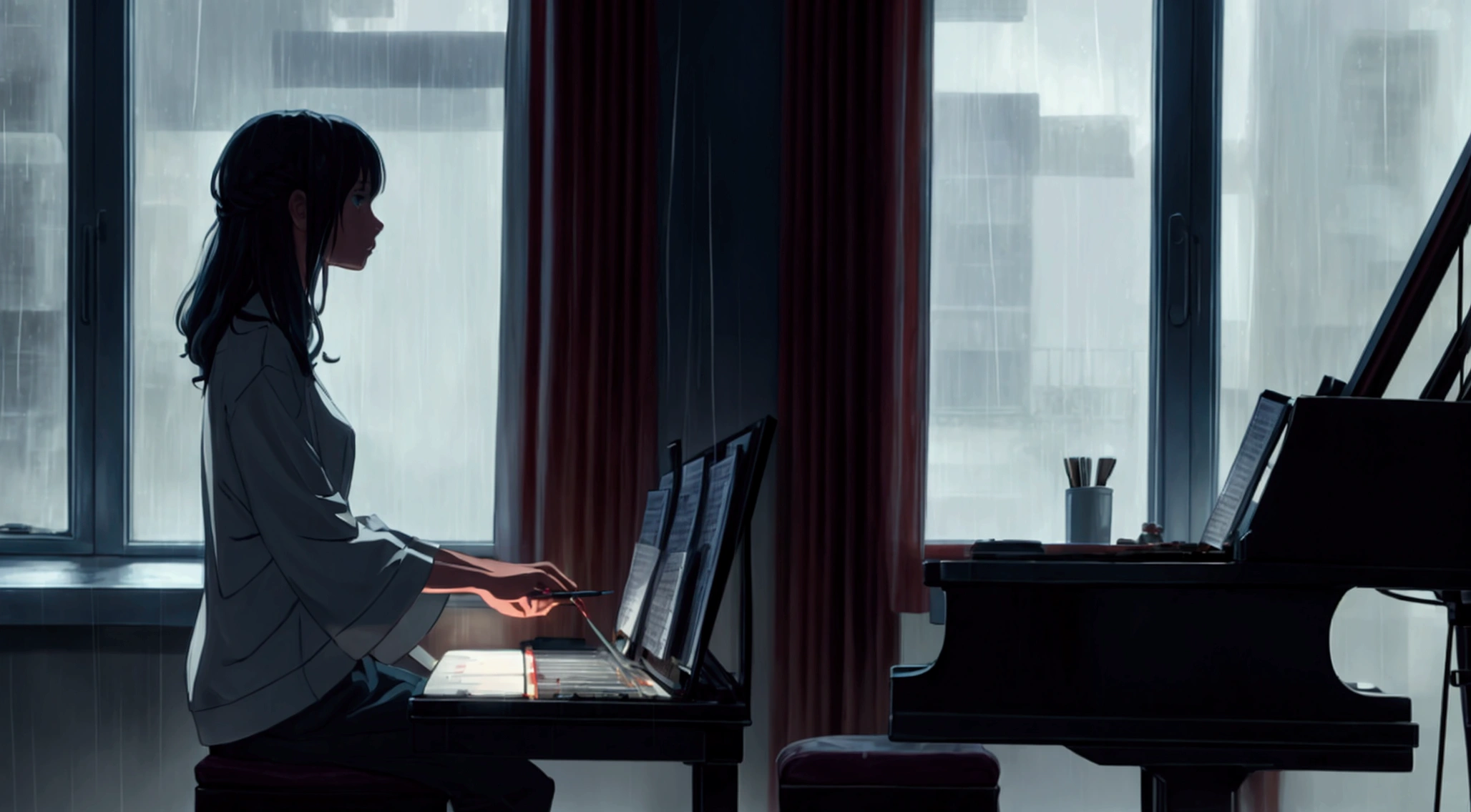 The character is painting or composing music while listening to the rain hitting the window.