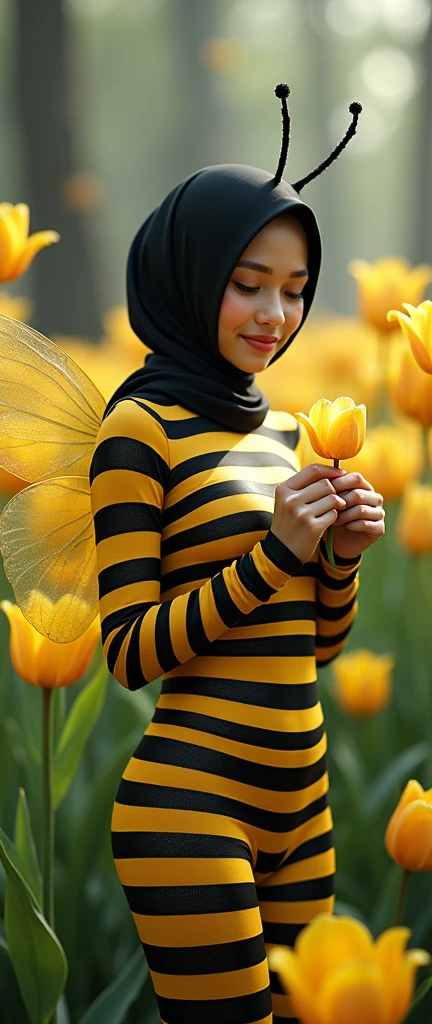 The beautiful Malaysian muslimah adult girl with beautiful cheeks wears Bee lycra turtleneck unitard catsuit covered with black stripes.She has a pair of insect wings.She always wear bee lycra elastane stretchy dancewear square hijab covered with black stripes with antenna.She smells a tulip flowers