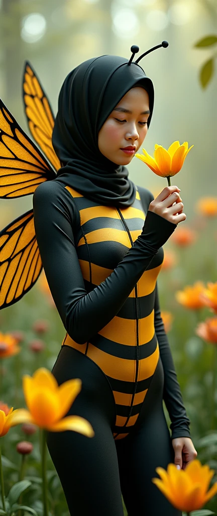 The beautiful Malaysian muslimah adult girl with beautiful cheeks wears Bee lycra turtleneck unitard catsuit covered with black stripes.She has a pair of insect wings.She always wear bee lycra elastane stretchy dancewear square hijab covered with black stripes with antenna.She smells a tulip flowers