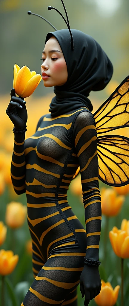 The beautiful Malaysian muslimah adult girl with beautiful cheeks wears Bee lycra turtleneck unitard catsuit covered with black stripes.She has a pair of insect wings.She always wear bee lycra elastane stretchy dancewear square hijab covered with black stripes with antenna.She smells a tulip flowers