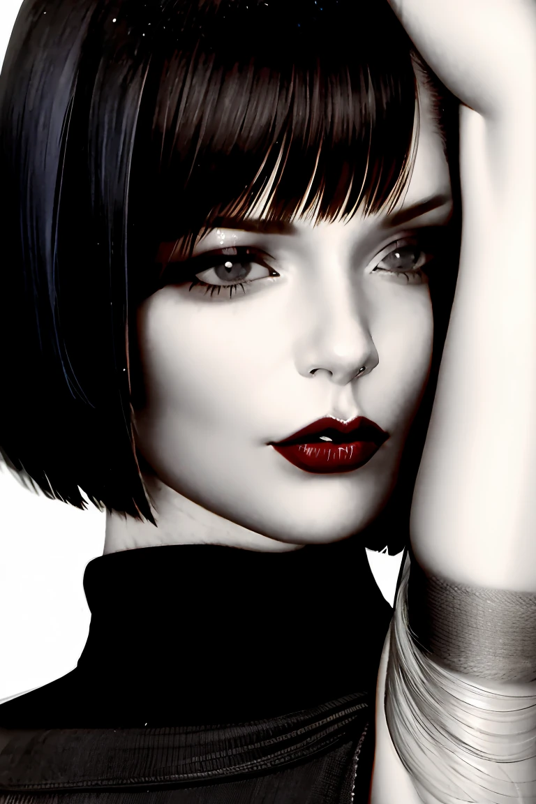 1 girl, Alone, monochrome, grayscale, bob cut, short hair, portrait, turtleneck, Closed mouth, hits, looking at the viewer, blunt hits, Sketch, graphite \(half\), Lips, hatching \(texture\)