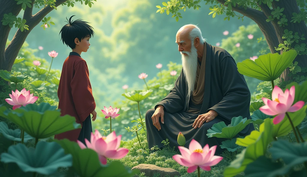 Meeting Master Koji: Hiro is greeted by Master Koji, who is tending to a small garden. Master Koji is an elderly man with a calm and wise expression, wearing traditional Zen monk robes. The garden is filled with blooming lotus flowers, and a gentle breeze rustles the leaves.