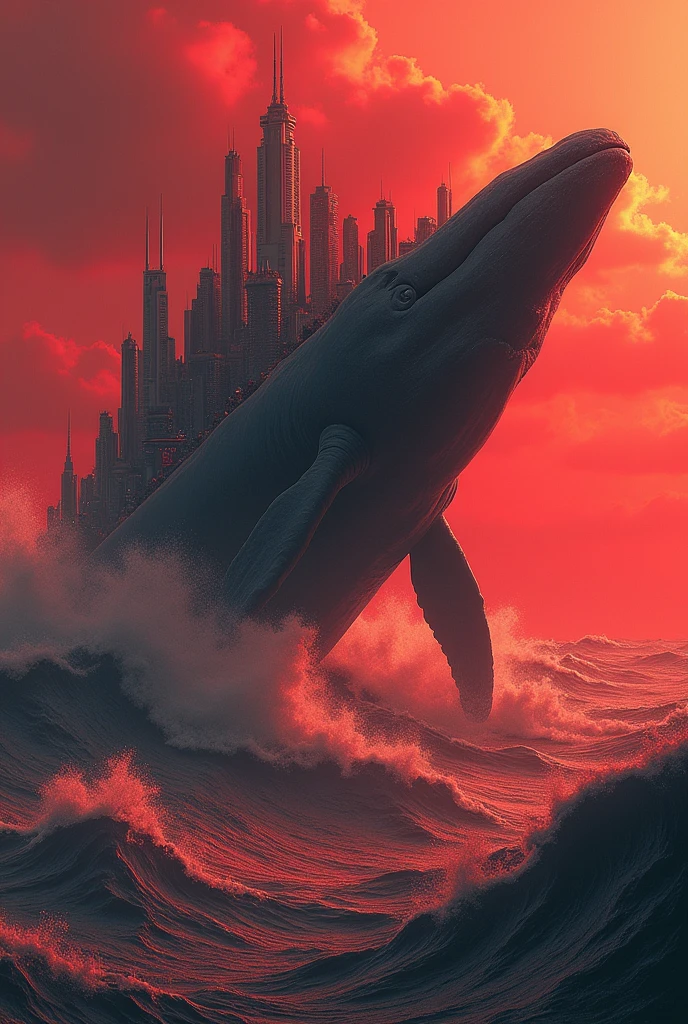 A large whale in profile , A city on top of a whale, a red ocean with waves.