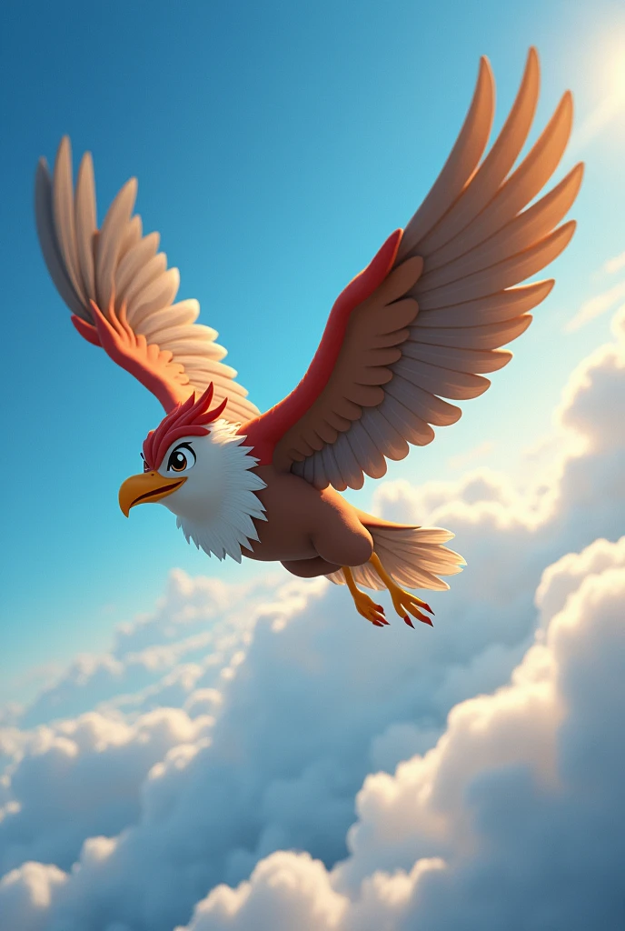 create command prompt in english for a 3D disney style anime drawing of an adult male bird flying towards the horizon with a look of determination in his eyes
