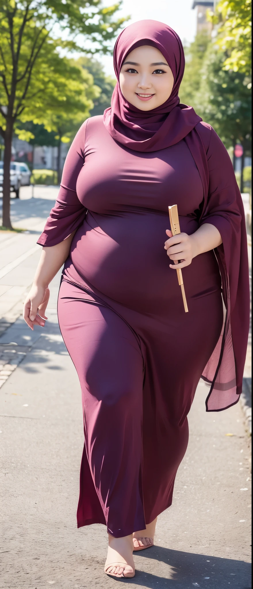 the best masterpiece, chubby  hijab naked woman, beautiful Asian face, full breasts, naked woman , naked woman , walking in the city park, smiling sweetly, facial details, body details, ultra detailed, realistic quality, fullbody naked woman 