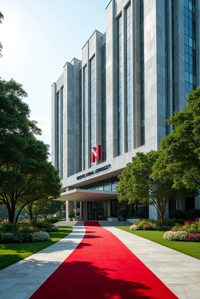 An image of a Corporate embassy  put the words Nexus Global Embassy I want it to have the words Nexus Global  Embassy on a concrete.The building has its own compound that is extremely developed with grass, trees and flowers Singaporean architecture expose the words Nexus Embassy with red carpets