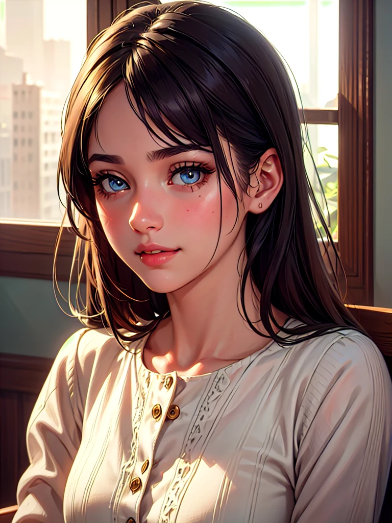 a cute frustrated girl, detailed face, beautiful eyes, beautiful lips, long eyelashes, beautiful detailed skin, 1girl, smartphone, modern technology, communication limitations, slow internet, distress, annoyance, indoor, natural lighting, warm color tones, cinematic lighting, high quality, masterpiece, photorealistic, 8k, hyper detailed, digital art,smile