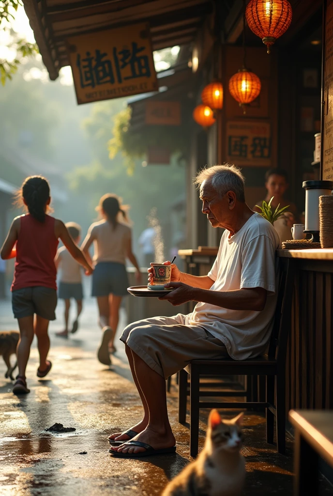 (Photorealism 1.2) high detailed definition cinematic cinematography  old Chinese man wearing white t-shirt short trousers at old rusty wood coffee shop sitting drinking coffee bowl of noodles at table  young women shop attendant servings customer kids running cat begging food wet floor  morning mode sunlight silhouette at Malay old town Chinese noodle store