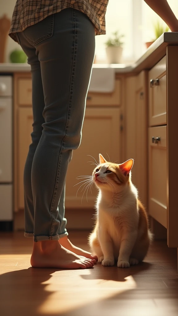 A scene of a cat gently bumping its forehead against its owner’s feet and rubbing affectionately while the owner is doing household chores. The owner is standing, busy in the kitchen with cooking or cleaning, while the cat lovingly presses its forehead against the owner’s feet, slowly rubbing against them. The cat has a calm and affectionate expression, showing its love even when the owner is occupied with tasks. 8k