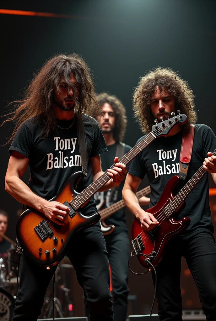 Three-man music band wearing a black t-shirt that writes Tony Balsam on it, with one long hair member holding a guitar, one member with curly hair playing a bass guitar, and one member with curly hair playing the drums with drum sticks.
