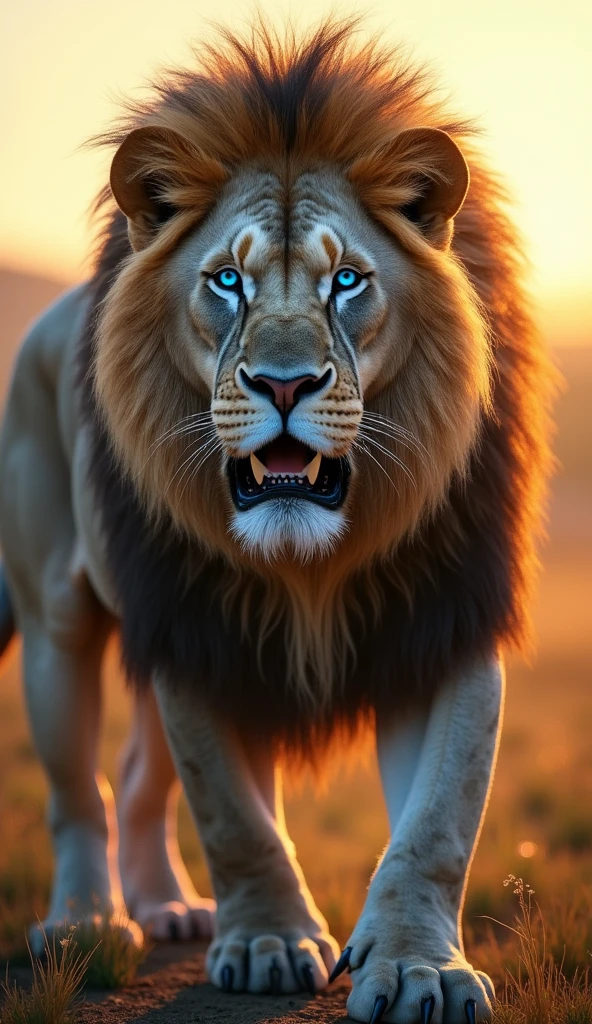 Generate an ultra realistic 8k image of a big strong blue-eyed lion