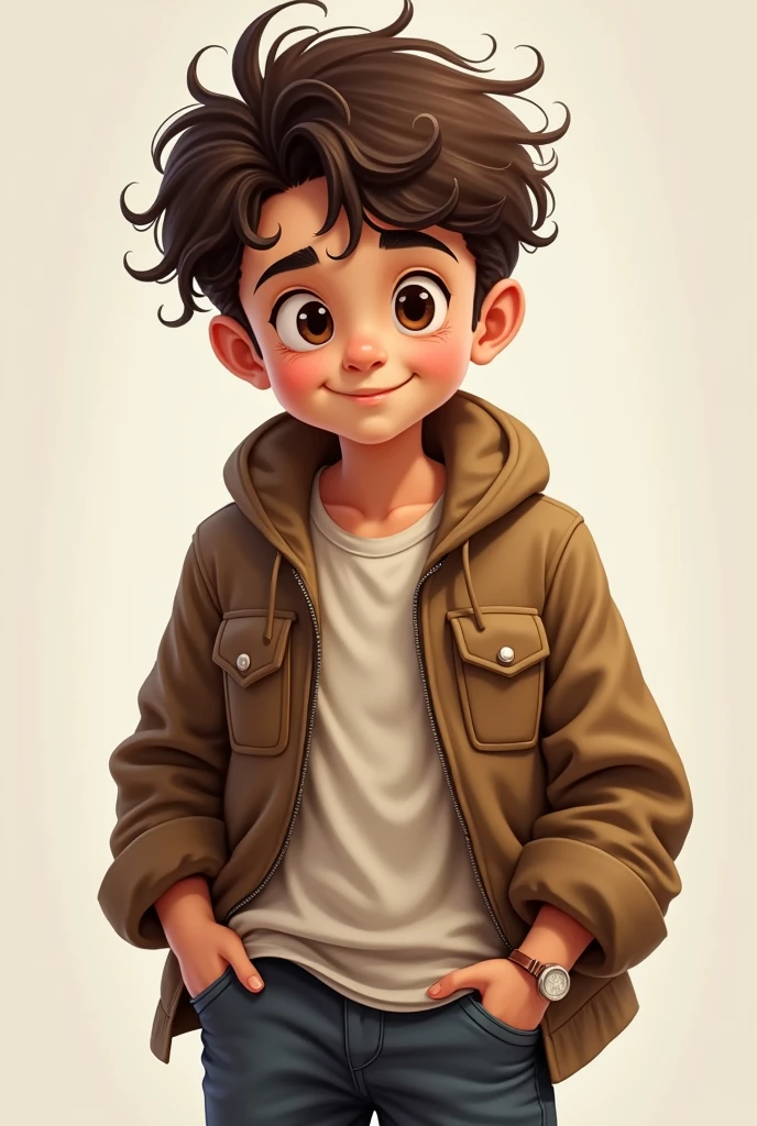 Boy in loose brown jacket and normal pants, short curly hair and naughty face