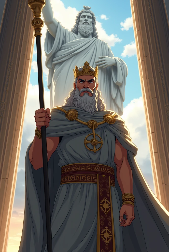 greek king, head on, ((anime style)), wearing gray robes and a crown of Apollo, holding a staff, inside the greek temple, behind him is a large statue of Zeus