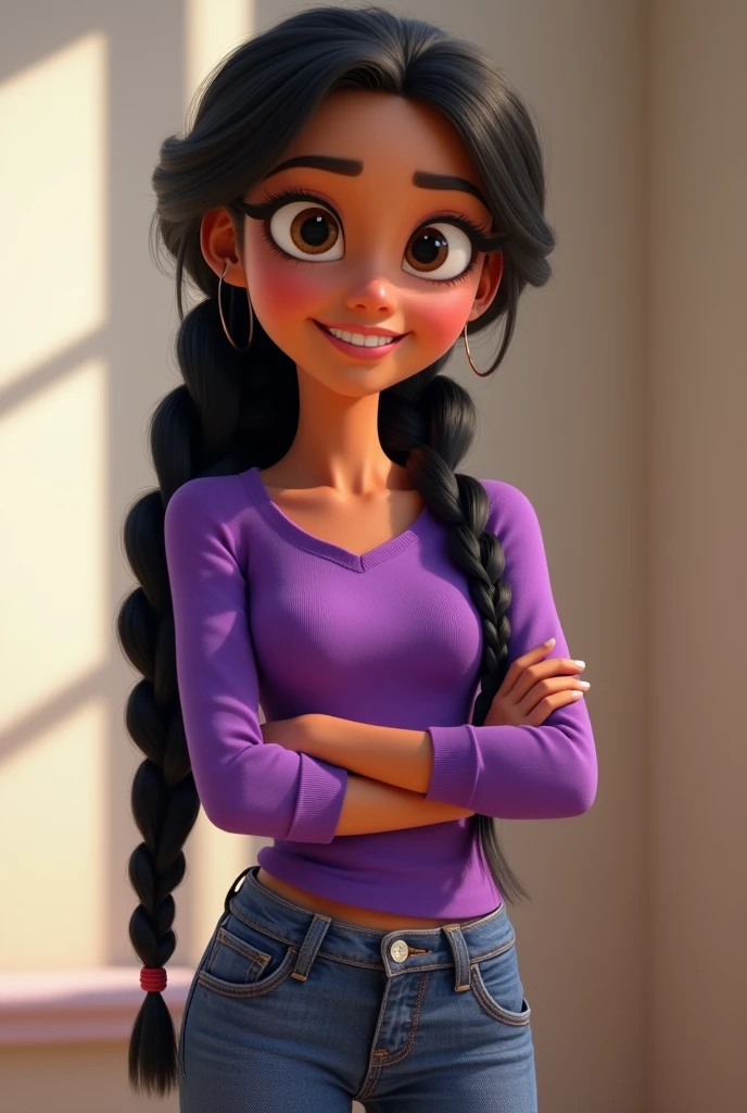 Pixar-style image featuring white-skinned 3D female character, long black braided hair ,Disney,close up, pixar, Disney, PURPLE BLOUSE, jeans and with arms crossed and smiling